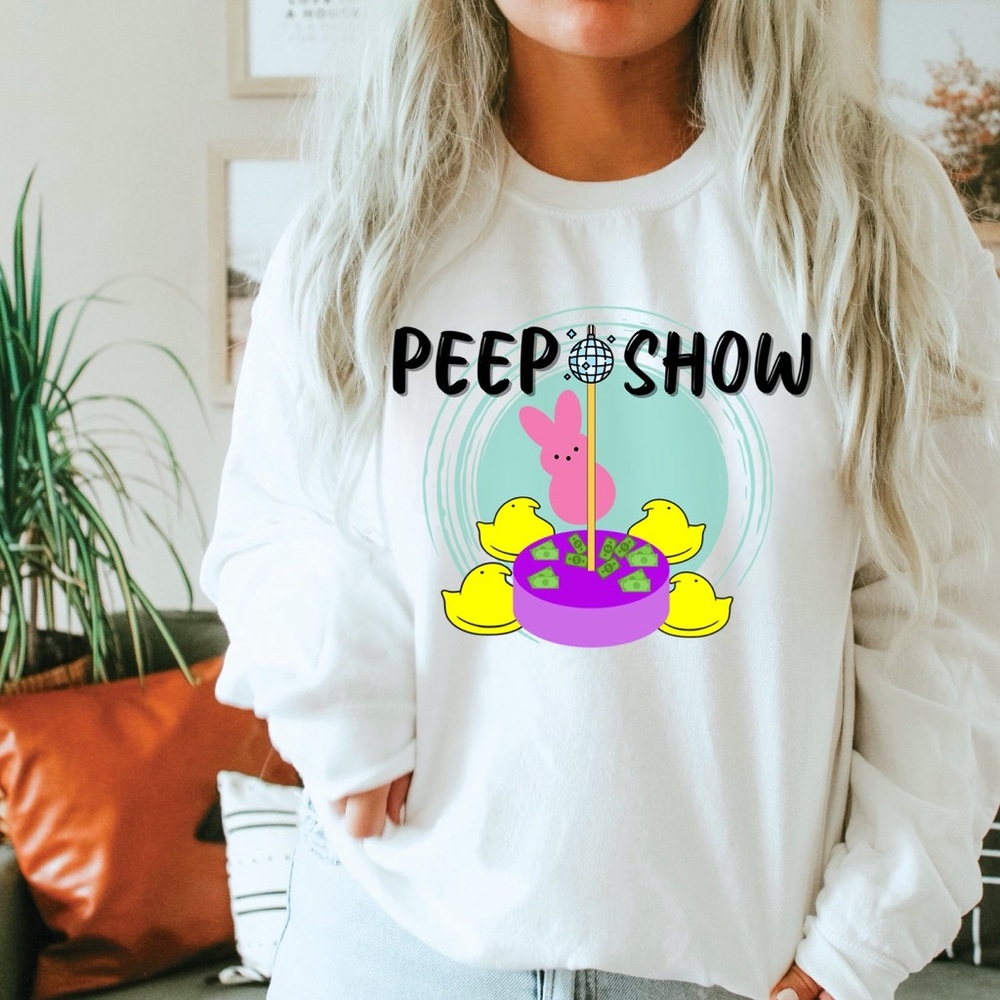 Easter Graphic Peep Show Bunny Design - White Crewneck‎ Sweatshirt